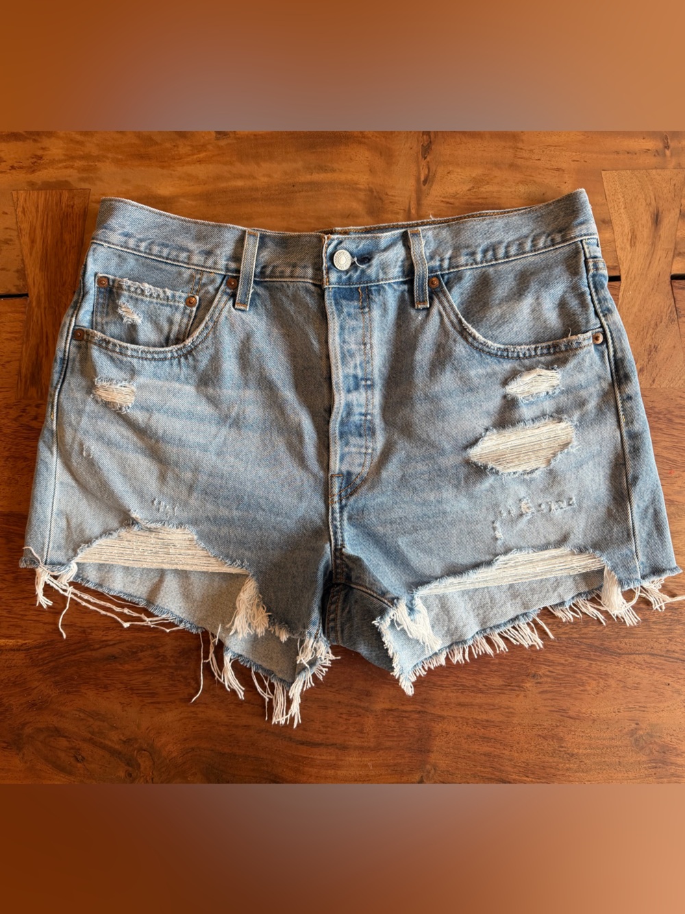 Levi's 501 Jean Shorts Light Blue Distressed Frayed Hem Denim Shorts
